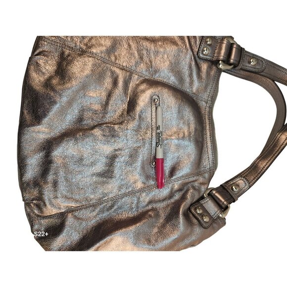 Metallic Silver B. Makowsky Genuine Leather Tote Shoulder Bag With Leopard Print - Picture 7 of 13
